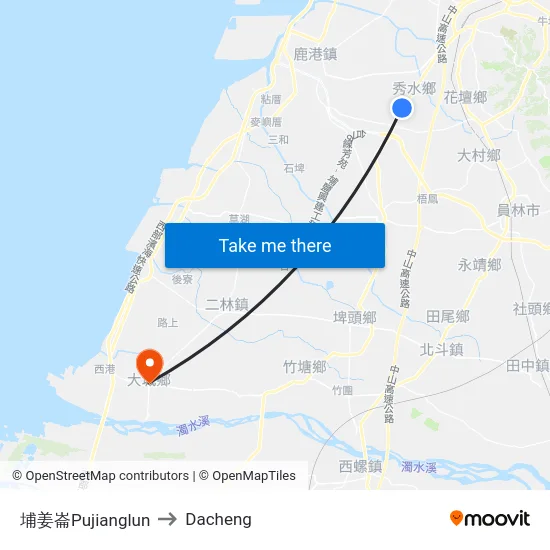 埔姜崙Pujianglun to Dacheng map