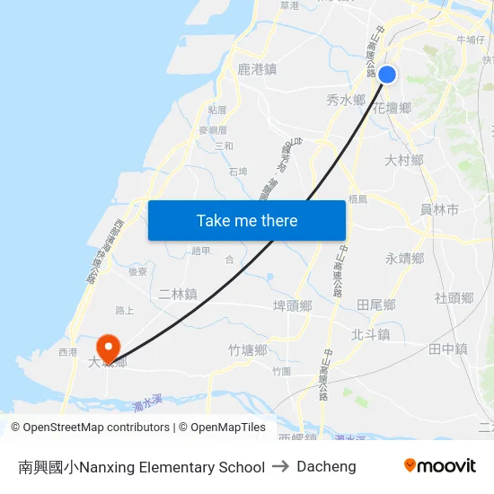 南興國小Nanxing Elementary School to Dacheng map