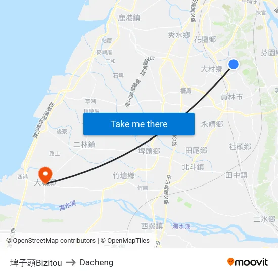 埤子頭Bizitou to Dacheng map