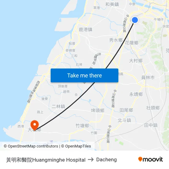 黃明和醫院Huangminghe Hospital to Dacheng map