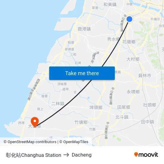 Changhua Station to Dacheng map
