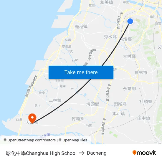 彰化中學Changhua High School to Dacheng map