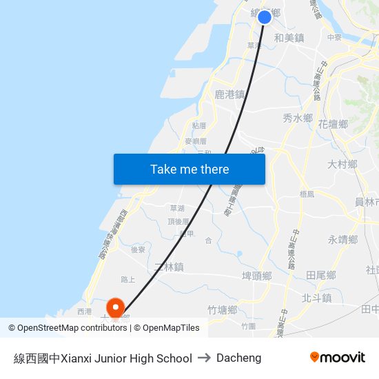 線西國中Xianxi Junior High School to Dacheng map