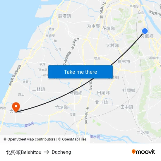 北勢頭Beishitou to Dacheng map