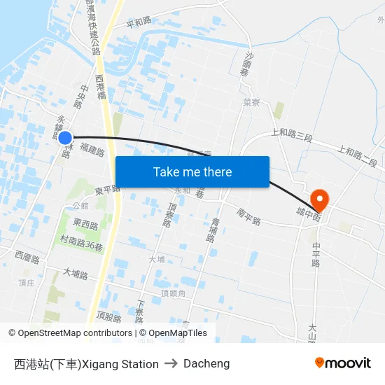 西港站(下車)Xigang Station to Dacheng map