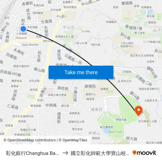 彰化銀行Changhua Bank to 國立彰化師範大學寶山校區 map
