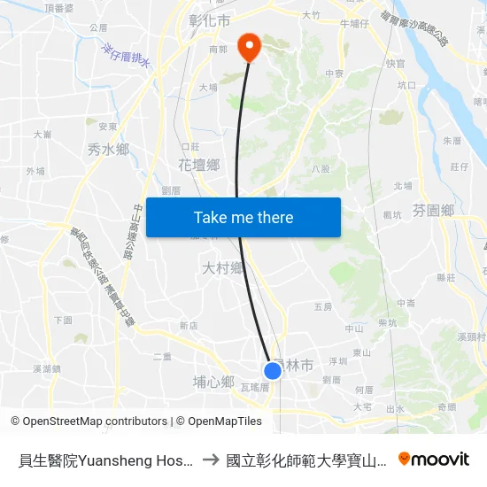 員生醫院Yuansheng Hospital to 國立彰化師範大學寶山校區 map