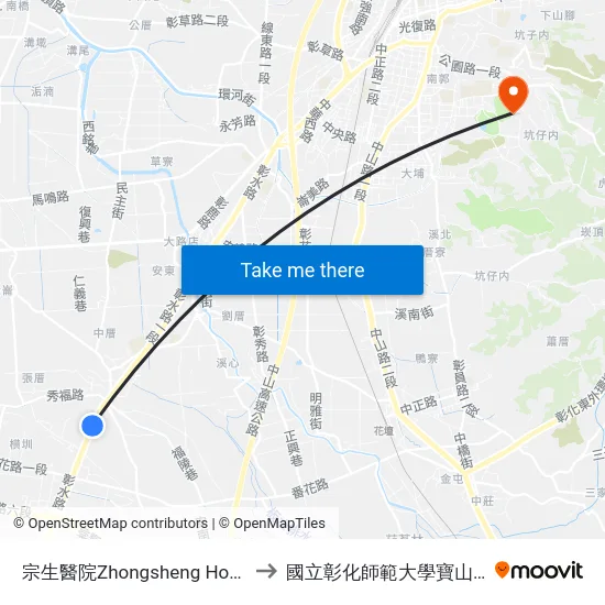 宗生醫院Zhongsheng Hospital to 國立彰化師範大學寶山校區 map