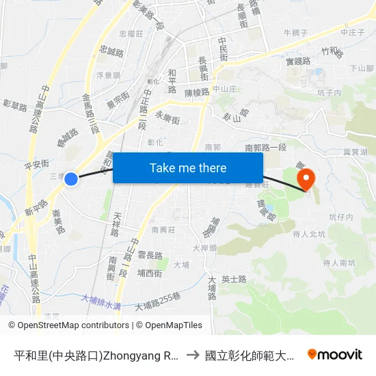 平和里(中央路口)Zhongyang Road Intersection to 國立彰化師範大學寶山校區 map