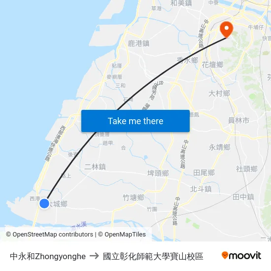 中永和Zhongyonghe to 國立彰化師範大學寶山校區 map