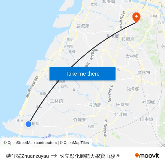 磚仔磘Zhuanzuyau to 國立彰化師範大學寶山校區 map