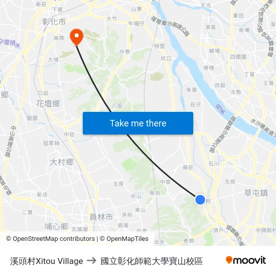 溪頭村Xitou Village to 國立彰化師範大學寶山校區 map
