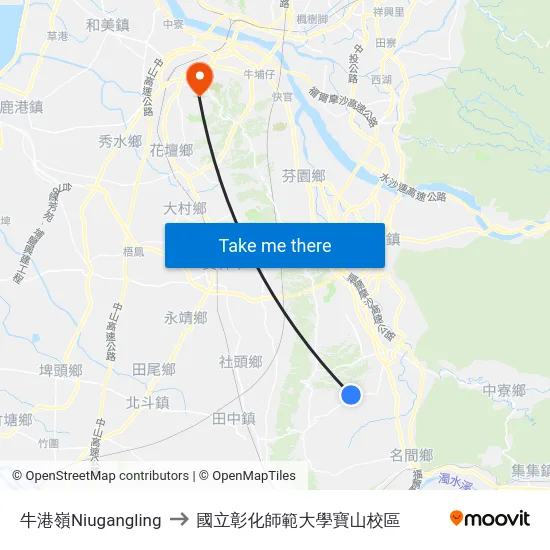 牛港嶺Niugangling to 國立彰化師範大學寶山校區 map