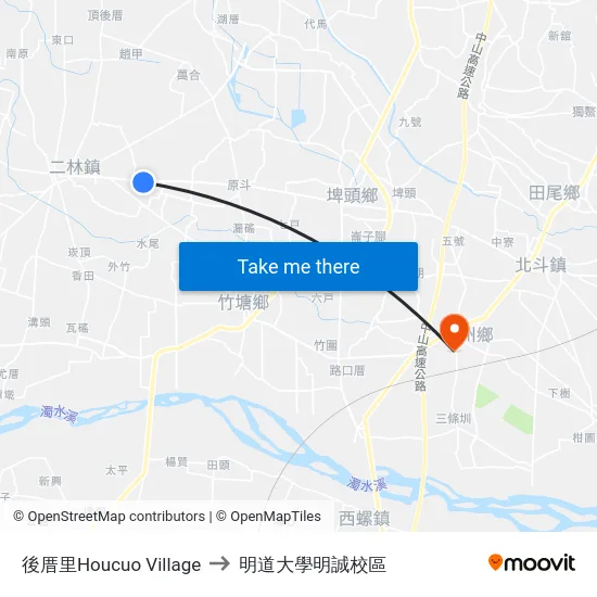 後厝里Houcuo Village to 明道大學明誠校區 map