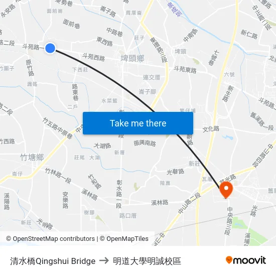 清水橋Qingshui Bridge to 明道大學明誠校區 map