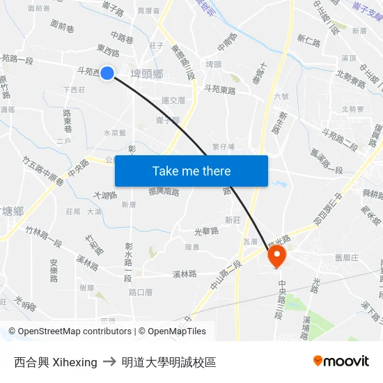 西合興 Xihexing to 明道大學明誠校區 map