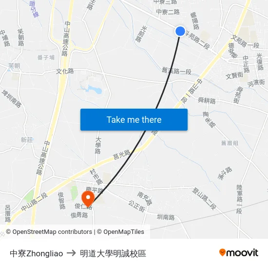 中寮Zhongliao to 明道大學明誠校區 map