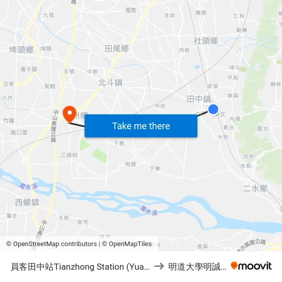 員客田中站Tianzhong  Station (Yuanlin Bus) to 明道大學明誠校區 map