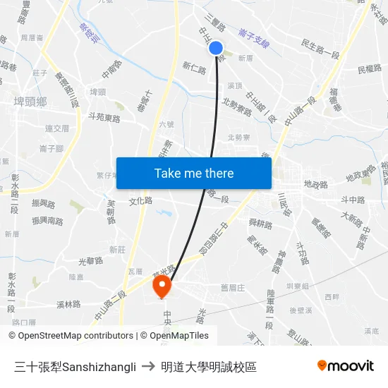 三十張犁Sanshizhangli to 明道大學明誠校區 map