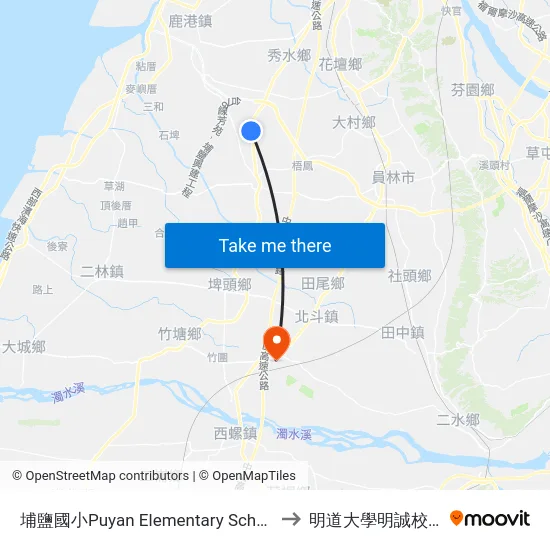 埔鹽國小Puyan Elementary School to 明道大學明誠校區 map