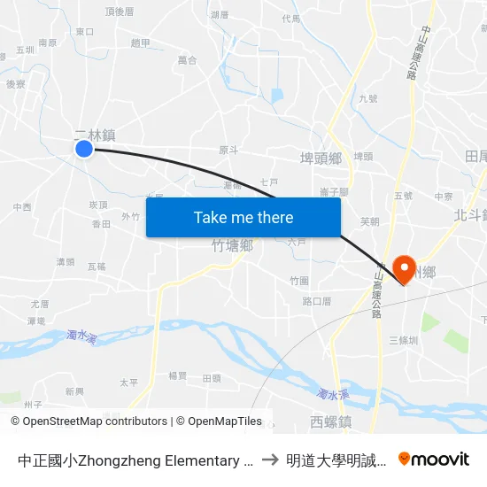 中正國小Zhongzheng Elementary School to 明道大學明誠校區 map