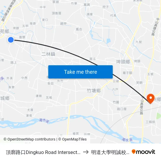 頂廓路口Dingkuo Road Intersection to 明道大學明誠校區 map