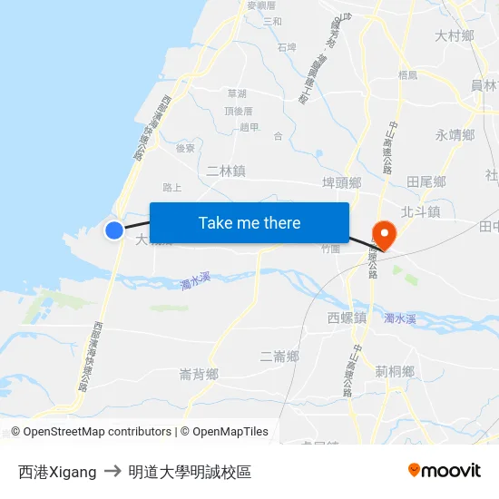 西港Xigang to 明道大學明誠校區 map