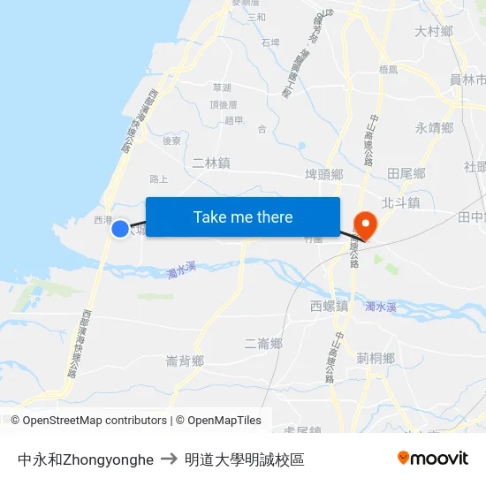 中永和Zhongyonghe to 明道大學明誠校區 map