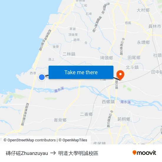 磚仔磘Zhuanzuyau to 明道大學明誠校區 map