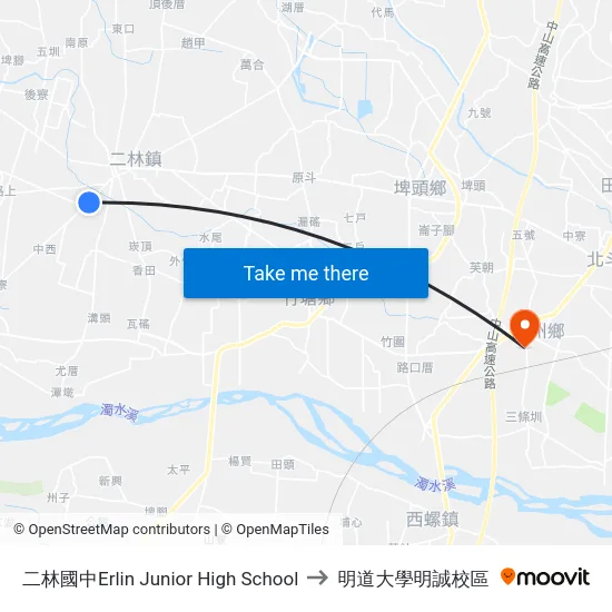 二林國中Erlin Junior High School to 明道大學明誠校區 map