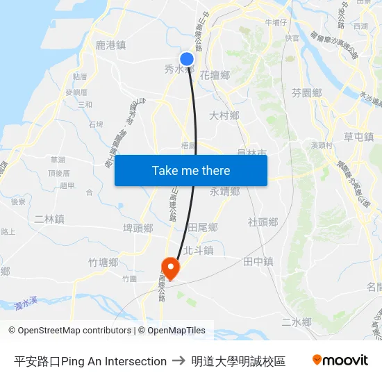平安路口Ping An Intersection to 明道大學明誠校區 map