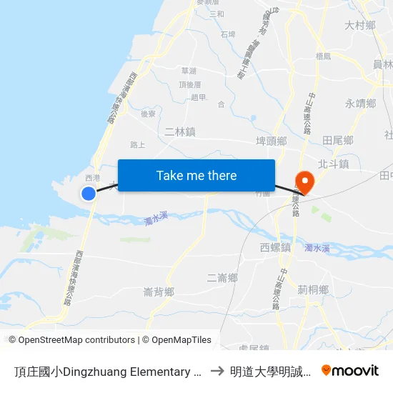 頂庄國小Dingzhuang Elementary School to 明道大學明誠校區 map