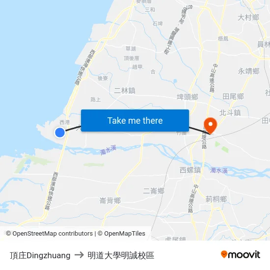 頂庄Dingzhuang to 明道大學明誠校區 map