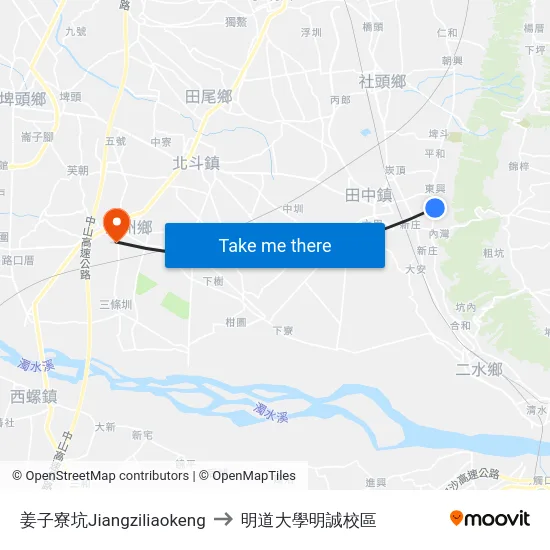 姜子寮坑Jiangziliaokeng to 明道大學明誠校區 map