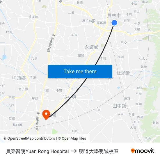 員榮醫院Yuan Rong Hospital to 明道大學明誠校區 map