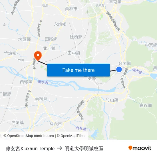 修玄宮Xiuxaun Temple to 明道大學明誠校區 map