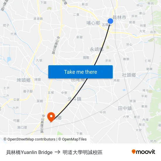 員林橋Yuanlin Bridge to 明道大學明誠校區 map
