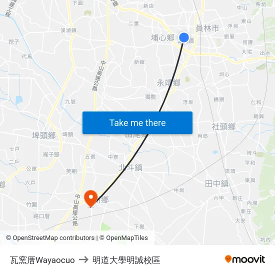 瓦窯厝Wayaocuo to 明道大學明誠校區 map
