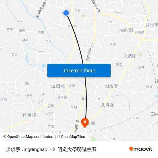 頂頂寮Dingdingliao to 明道大學明誠校區 map