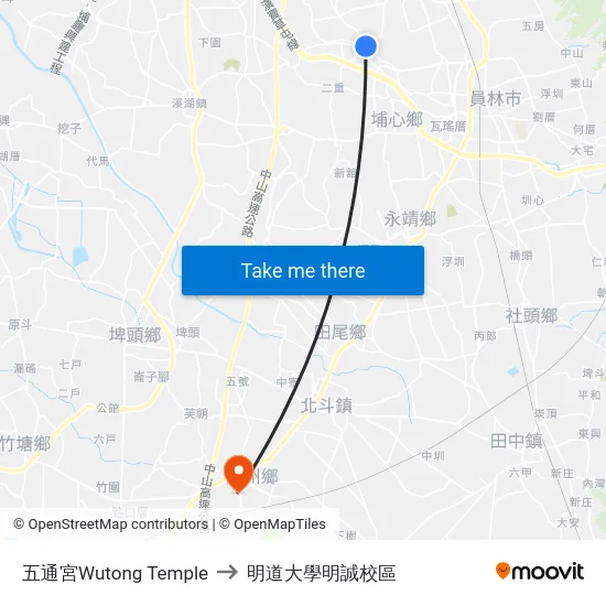 五通宮Wutong Temple to 明道大學明誠校區 map