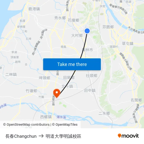 長春Changchun to 明道大學明誠校區 map
