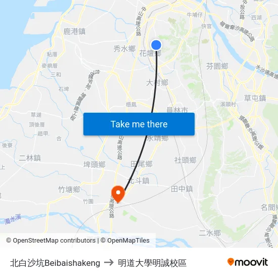 北白沙坑Beibaishakeng to 明道大學明誠校區 map