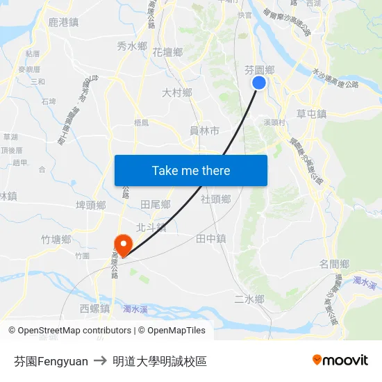 芬園Fengyuan to 明道大學明誠校區 map