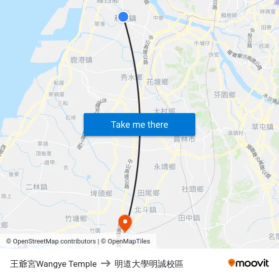 王爺宮Wangye Temple to 明道大學明誠校區 map