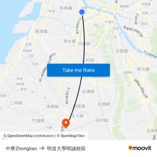 中寮Zhongliao to 明道大學明誠校區 map