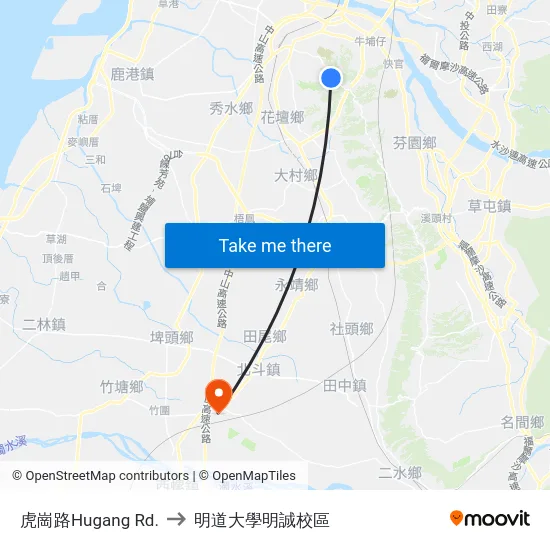 虎崗路Hugang Rd. to 明道大學明誠校區 map