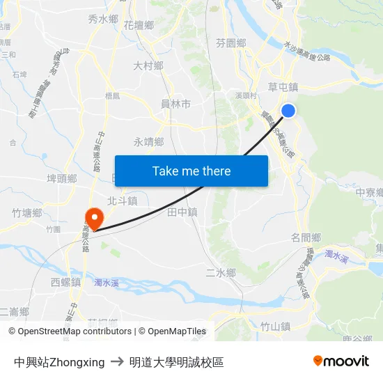 中興站Zhongxing to 明道大學明誠校區 map