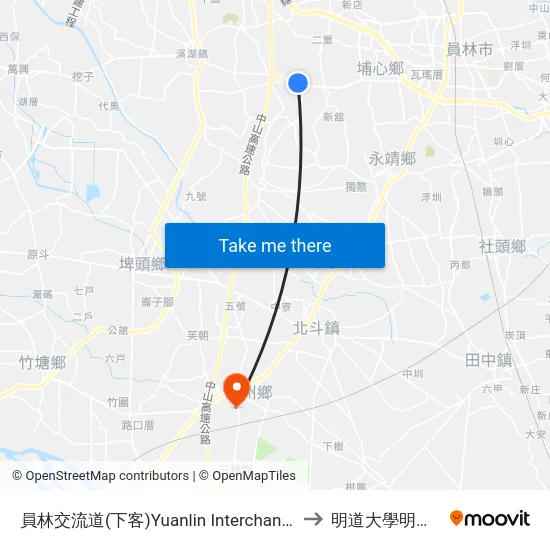 員林交流道(下客)Yuanlin Interchange Station to 明道大學明誠校區 map