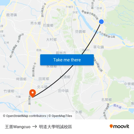 王厝Wangcuo to 明道大學明誠校區 map