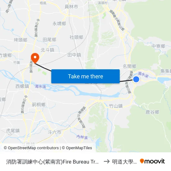 消防署訓練中心(紫南宮)Fire Bureau Training Center (Zi Nan Temple) to 明道大學明誠校區 map